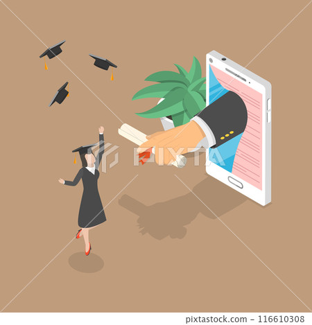3D Isometric Flat Vector Illustration of Virtual Graduation Ceremony , Certificate of Digital Learning 116610308