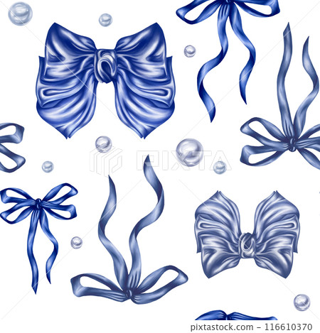 Seamless pattern of blue satin bows made of thin smooth ribbon. Decorations for holidays, birthdays. Design element for holidays, packaging, clothes, interior. Digital isolated illustration 116610370