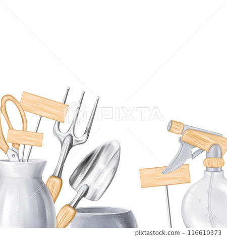 A border of tools a rake, a shovel, a sprayer, pot. Equipment for gardens, greenhouses, florists, tools for landscaping. Agriculture, cultivation of plants, flowers. Digital isolated illustration 116610373