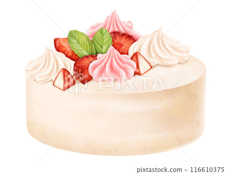 Festive sponge cake decorated with meringue, fresh strawberries. Pastry dessert with cream for birthday, home parties. A fruit pie from the bakery. A sweet berry gift. Digital isolated illustration 116610375