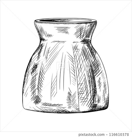 Garden white ceramic pot. Tools for the garden, home decor, flower vase, designer tableware. Vector illustration in black ink graphically. Hand drawn in line art. Cultivation of greenery and plants Garden white ceramic pot. Tools for the garden, home decor, flower vase, designer tableware. Vector illustration in black ink graphically. Hand drawn in line art. Cultivation of greenery and plants 116610378