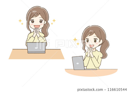 A woman in plain clothes is looking at a computer screen with shining eyes. 116610544