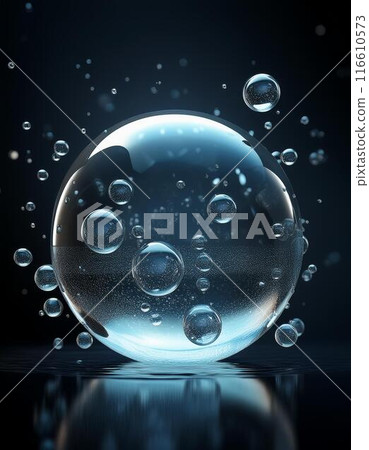 Transparent clear water droplets Multiple water beads floating Black gradient background material 116610573