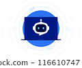Robot head with speech bubble in laptop screen 116610747