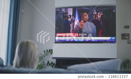 Woman sits on couch in living room and watches live broadcast 116611337