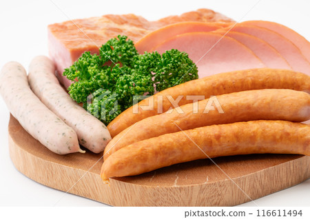 Assortment of sausages, loin ham and bacon Assortment of sausages, loin ham and bacon 116611494