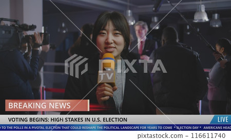 Asian female news anchor reports breaking news live on US Election Day 116611740