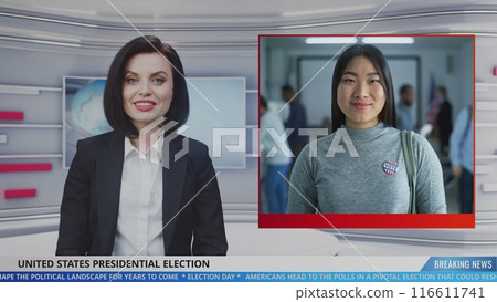 Female anchor in news studio reports live news about Election Day in the United States 116611741