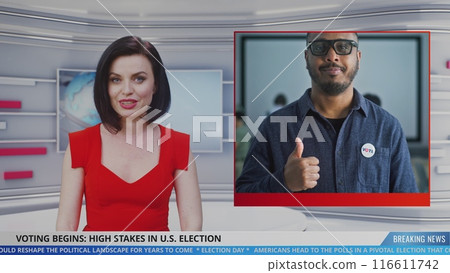 Playback of TV news broadcast with female newscaster about Election Day 116611742