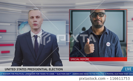 Male newscaster in studio reports breaking news about Election Day in the United States Male newscaster in studio reports breaking news about Election Day in the United States 116611753