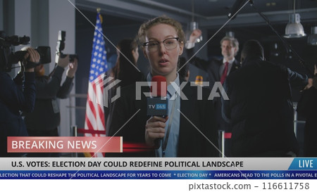 Anchorwoman reports breaking news live during Election Day in the United States 116611758