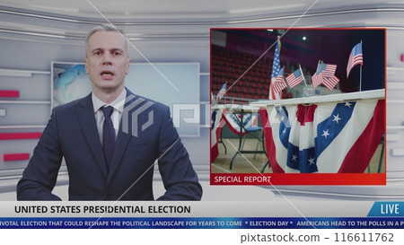 Male newscaster in studio reports breaking news about Election Day in the United States 116611762