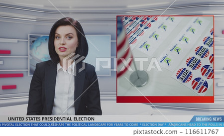 Female anchor in news studio reports live news about Election Day in the United States 116611767