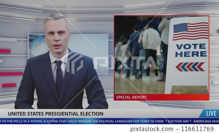 Male newscaster in studio reports breaking news about Election Day in the United States 116611769