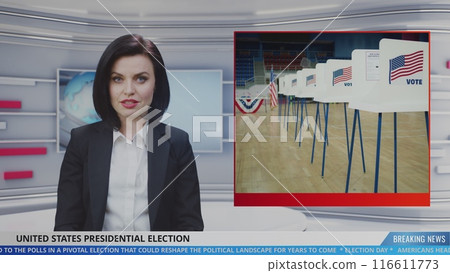 Female anchor in news studio reports live news about Election Day in the United States Female anchor in news studio reports live news about Election Day in the United States 116611773