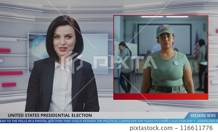 Female anchor in news studio reports live news about Election Day in the United States 116611776