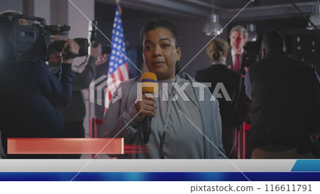 African American female reporter speaks for political TV news program live on Election Day 116611791