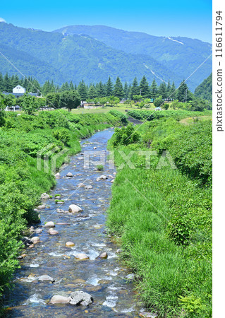 Daigenta River, downstream from Iwahara Bridge, toward Yuzawa Station, mountain and river scenery, Yuzawa Town, Niigata Prefecture 116611794