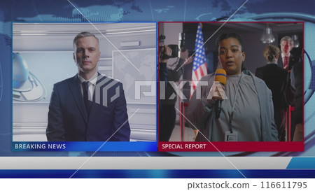 Male anchor listens live report from reporter on Presidential Election Day Male anchor listens live report from reporter on Presidential Election Day 116611795