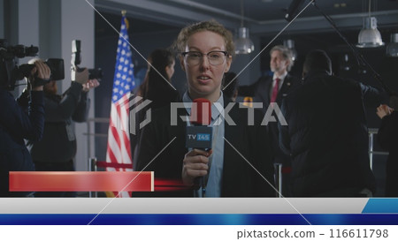 Anchorwoman reports breaking news live during Election Day in the United States 116611798