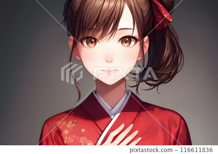 Woman wearing kimono, long-sleeved kimono 116611836