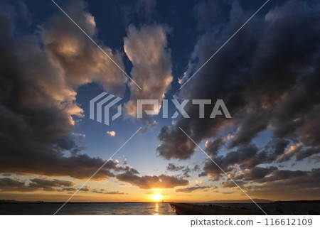 Dynamic clouds in the evening sky and harbor, early winter, ultra-wide angle, sky-focused, 231124pm 116612109