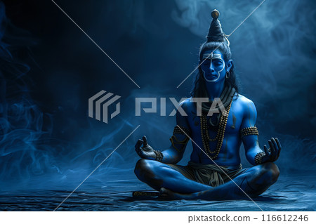 Hindu God Shiva is depicted in deep meditation. The concept of tranquility, inner peace, and spiritual enlightenment. Generative AI. Hindu God Shiva is depicted in deep meditation. The concept of tranquility, inner peace, and spiritual enlightenment. Generative AI. 116612246