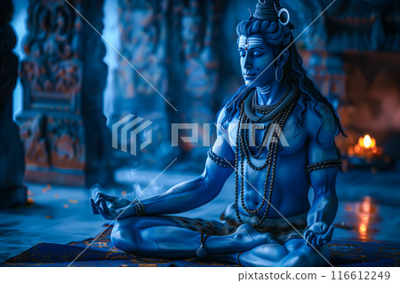Hindu God Shiva is depicted in deep meditation. The concept of tranquility, inner peace, and spiritual enlightenment. Generative AI. 116612249