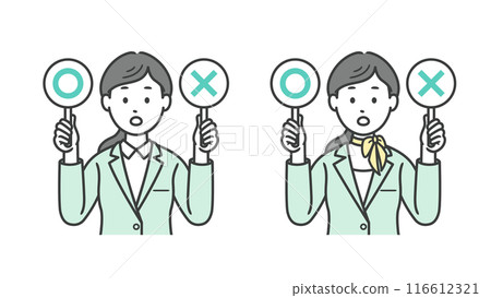 Upper body illustration of a female business man raising a circle and a cross Upper body illustration of a female business man raising a circle and a cross 116612321