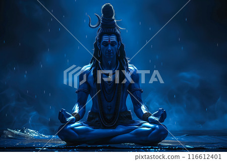 Hindu God Shiva is depicted in deep meditation. The concept of tranquility, inner peace, and spiritual enlightenment. Generative AI. 116612401