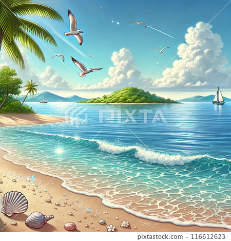 Beach with a view of a small island 116612623