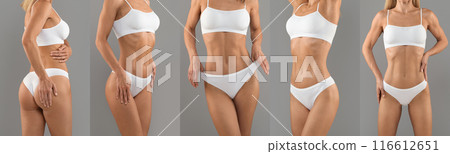 A collage of five images featuring a young woman in white underwear against a grey background. She is posing in different positions, showcasing her physique, cropped 116612651