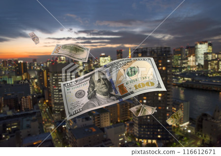 Image of a 100 dollar bill collapsing and falling 116612671