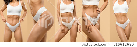 The image showcases a collage of a woman posing in various poses against a beige background. She is wearing white underwear and a white top, highlighting her toned physique and curves. The image showcases a collage of a woman posing in various poses against a beige background. She is wearing white underwear and a white top, highlighting her toned physique and curves. 116612689