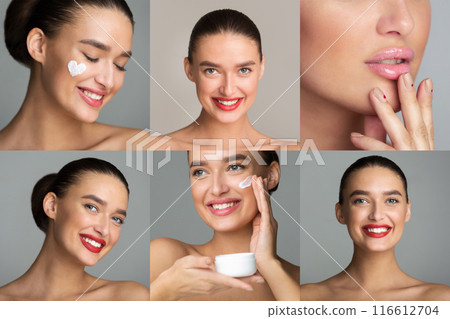 This image shows a young woman applying face cream and lip gloss as part of a beauty routine. She is smiling and appears happy with the results. The image is divided into six panels This image shows a young woman applying face cream and lip gloss as part of a beauty routine. She is smiling and appears happy with the results. The image is divided into six panels 116612704