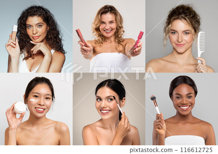 This image showcases six different multiracial women using various beauty products in a studio setting. Each woman is posing with a different product This image showcases six different multiracial women using various beauty products in a studio setting. Each woman is posing with a different product 116612725