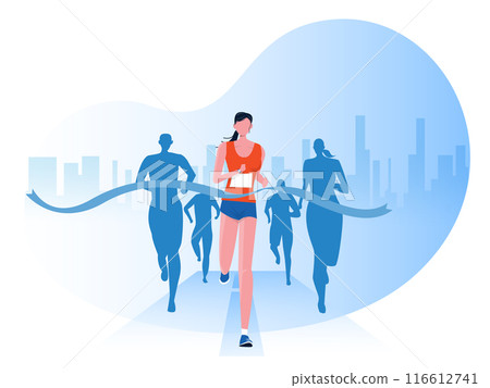People running with clothes on marathon race, athletics event, sports group jogging, city background design vector 116612741