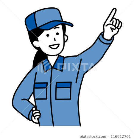 A woman in overalls pointing into the distance A woman in overalls pointing into the distance 116612761