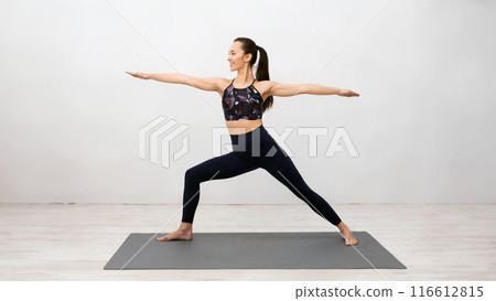 Warrior II Exercise. Slender Girl In Yoga Asana On Mat Against Brick Wall Warrior II Exercise. Slender Girl In Yoga Asana On Mat Against Brick Wall 116612815
