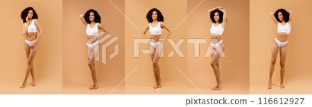 A smiling Black woman with dark curly hair stands in white underwear against a light tan background. The image is divided into five sections, showing the woman from different angles as she poses. A smiling Black woman with dark curly hair stands in white underwear against a light tan background. The image is divided into five sections, showing the woman from different angles as she poses. 116612927