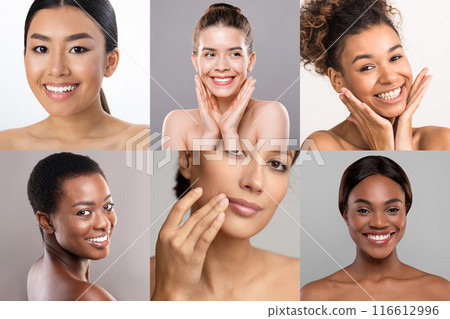This image showcases five close-up portraits of women with diverse skin tones. All five women are smiling and looking directly at the camera, showcasing their skins natural beauty. This image showcases five close-up portraits of women with diverse skin tones. All five women are smiling and looking directly at the camera, showcasing their skins natural beauty. 116612996