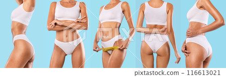A woman is shown in five different poses against a light blue background. She is wearing a white sports bra and matching underwear. She is measuring different parts of her body, cropped A woman is shown in five different poses against a light blue background. She is wearing a white sports bra and matching underwear. She is measuring different parts of her body, cropped 116613021