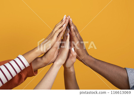 The image showcases multiple hands of various skin tones reaching upwards and touching in a gesture of unity and collaboration, cropped The image showcases multiple hands of various skin tones reaching upwards and touching in a gesture of unity and collaboration, cropped 116613069