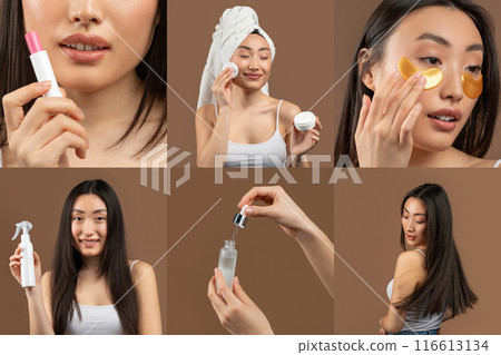 A collage of images showing an Asian woman applying various beauty products as part of a skincare routine. A collage of images showing an Asian woman applying various beauty products as part of a skincare routine. 116613134