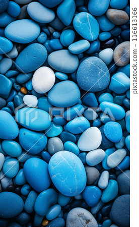 Abstract natural pebbles background. Blue gravel texture. Stone background. Vintage blue color. Sea pebble beach. Beautiful nature. Generate AI 116613166