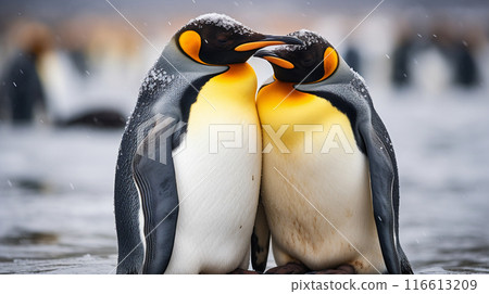 Amazing Close up of King Penguins Showing Affection in Volunteer Point, Falkland Islands , Generate AI 116613209