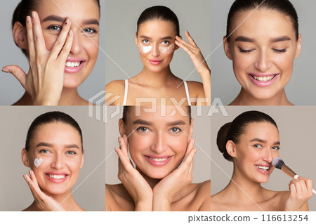 This image shows a young woman applying different skincare and makeup products to her face. The image is split into six sections, each showing a different step in the process. This image shows a young woman applying different skincare and makeup products to her face. The image is split into six sections, each showing a different step in the process. 116613254