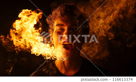 一個年輕人噴火，火熱評論的圖片 116613374