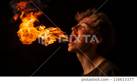 一個年輕人噴火，火熱評論的圖片 116613377