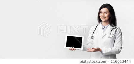 A female doctor wearing a white lab coat and stethoscope smiles while holding a tablet with a blank screen. 116613444